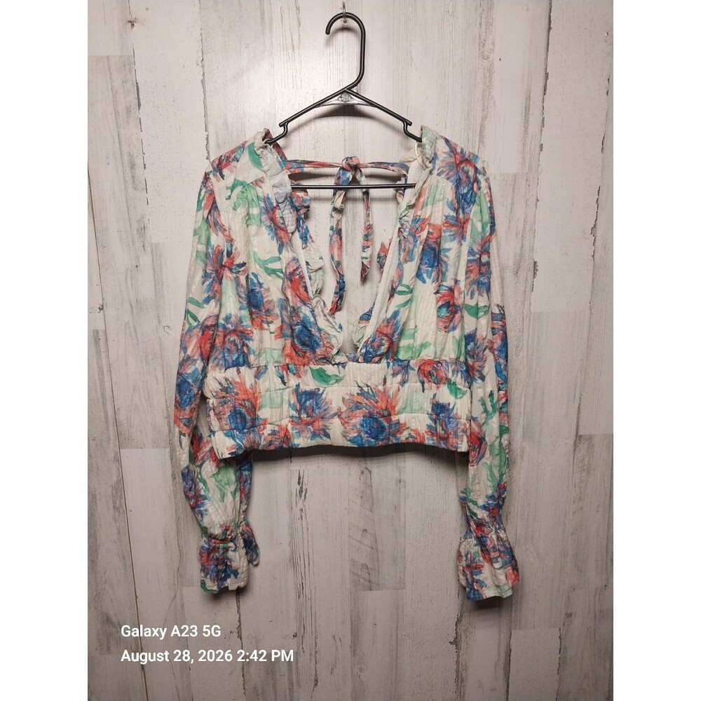 Anthropologie Floral Plunging V Neckline Long Sleeve Crop Top Size 1X